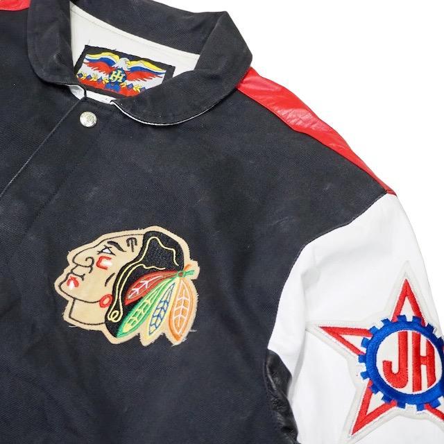 L】USA 古着 JEFFHAMILTON Chicago BlackHawks スタジャン 袖レザー 