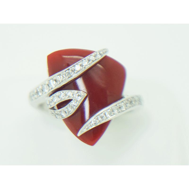 K18WG サンゴ 珊瑚 血赤 ダイヤモンド リング D0.33ct 証明書付 #11.5 