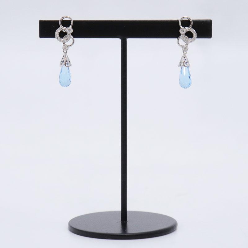 K18 WG アクアマリン ダイヤモンド ドロップ ピアス ダイヤ0.07ct×2