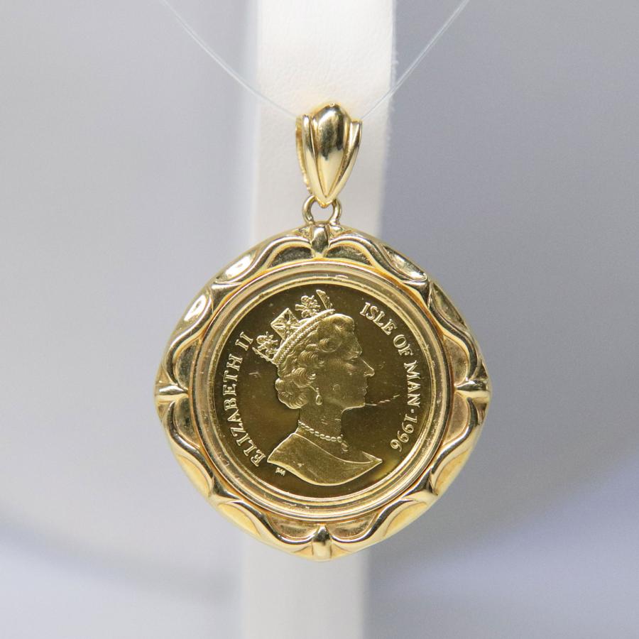 K18枠/K24 1996 マン島キャット エリザベスII世 ガラス入り 金貨 1/5oz