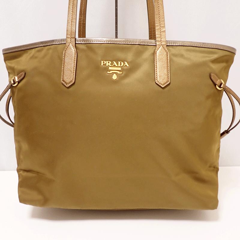 PRADA プラダ トートバッグ ナイロン サフィアーノ カーキ/メタリック 