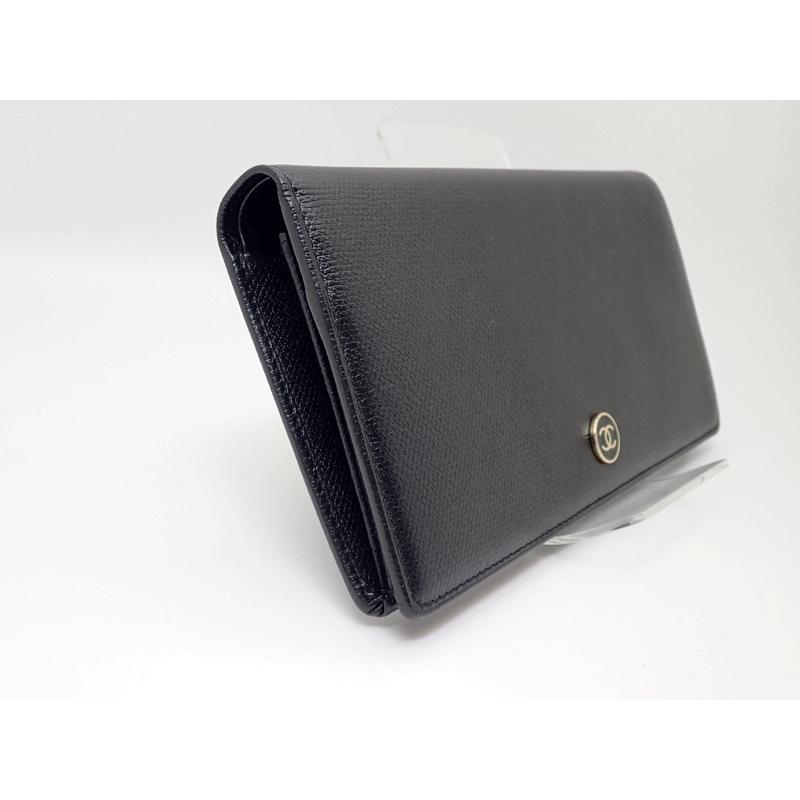 CHANEL ココボタン 二つ折り長財布 ココボタン 二つ折り長財布 Wホック財布 レザー ブラック ゴールド金具