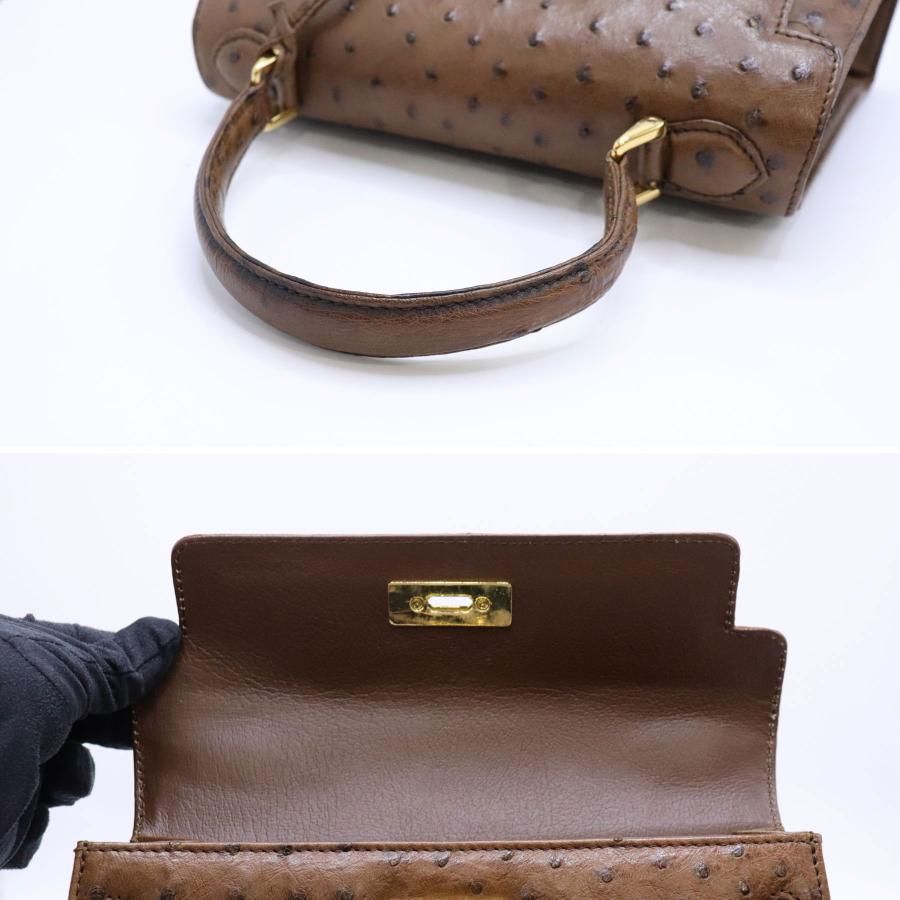 オーストリッチ ケリー型 ハンドバッグ ブラウン 茶色 ゴールド金具 