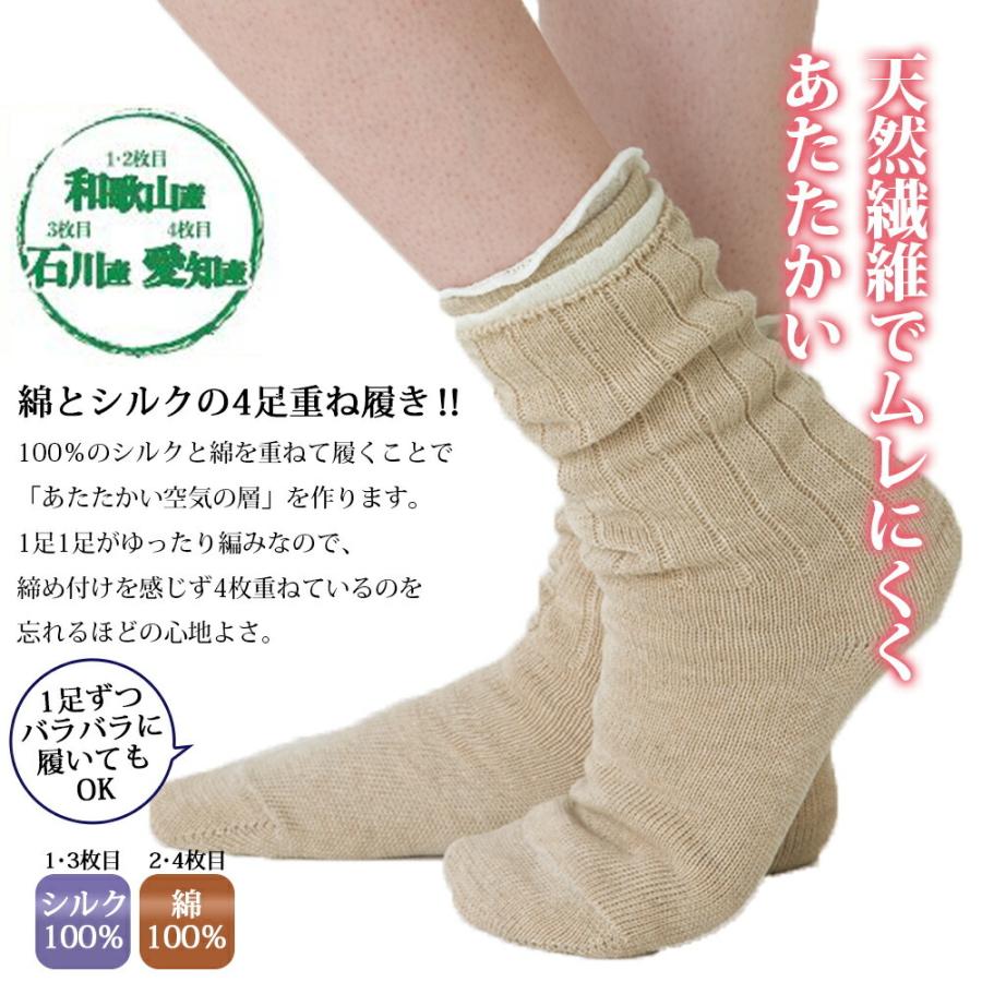 4足重ね履きソックス（4足組）重ね履き 靴下 くつした シルク100％ 綿