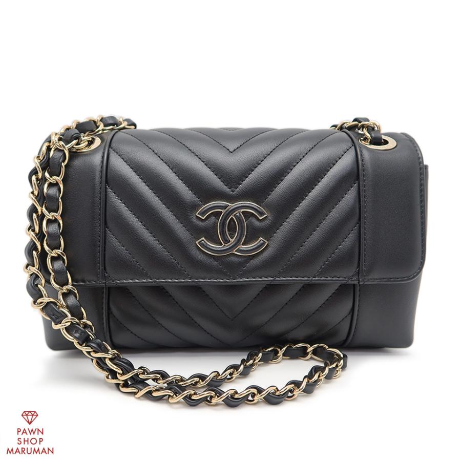 【超美品】　シャネル　Vステッチ チェーンショルダーバッグ　ラムスキン　ブラック CHANEL（シャネル） Vステッチ チェーンショルダーバッグ ラムスキン