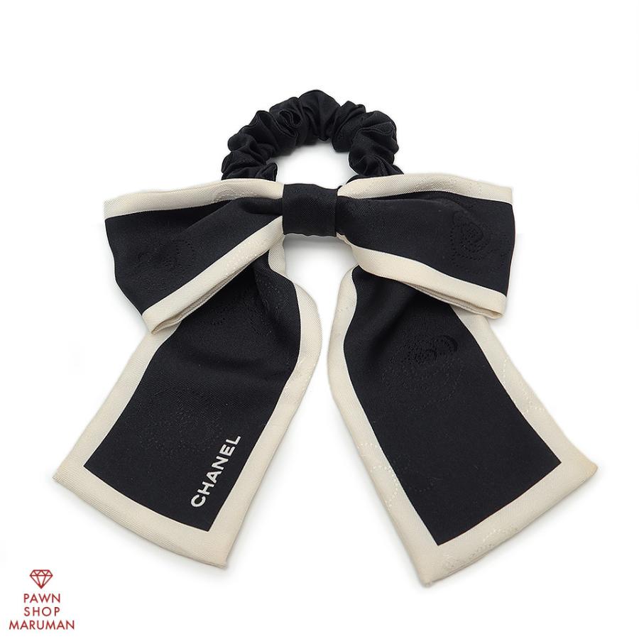 シャネル カメリア リボン シュシュ ヘアアクセサリー シルク ブラック