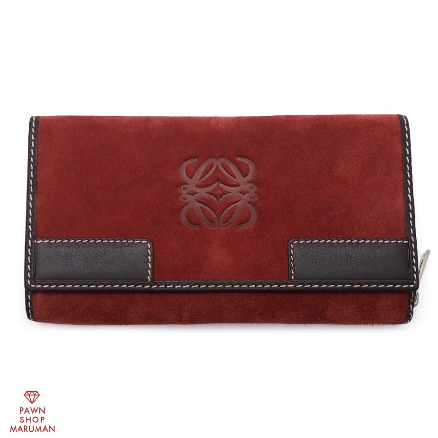 LOEWE（ロエベ） アナグラム 三つ折り長財布 スエード レッド×ダーク