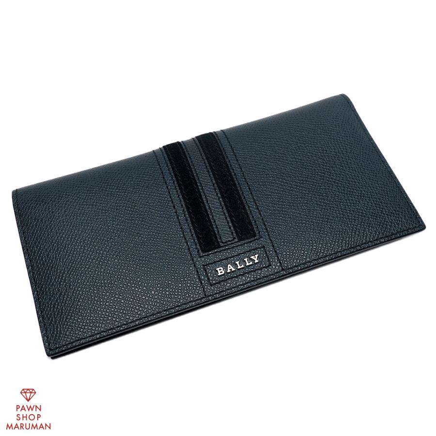 【未使用に近い】BALLY　バリー 　ネイビー 　2つ折り長財布　専用箱・布付 Bally（バリー） 二つ折り長財布 レザー ネイビー×シルバー金具 【丸万