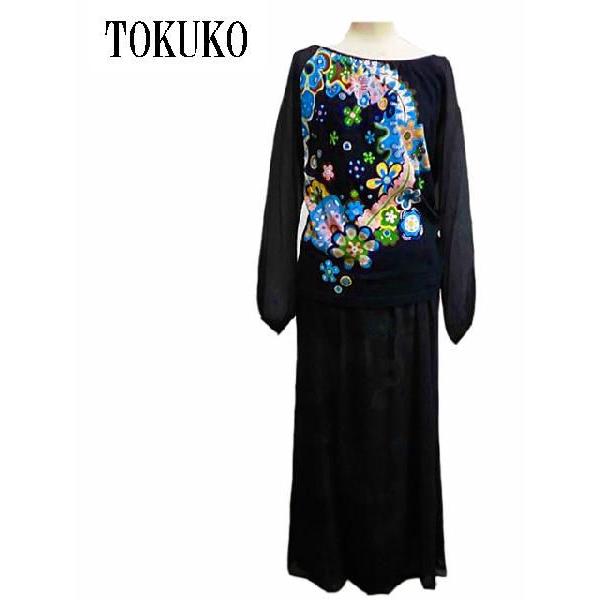 トクコプルミエヴォル TOKUKO 春夏 スカートスーツ セットアップ ツーピース 9号 黒 花柄 レディースファッション ミセス オフクーポン付 レディースセットアップスーツ 9号