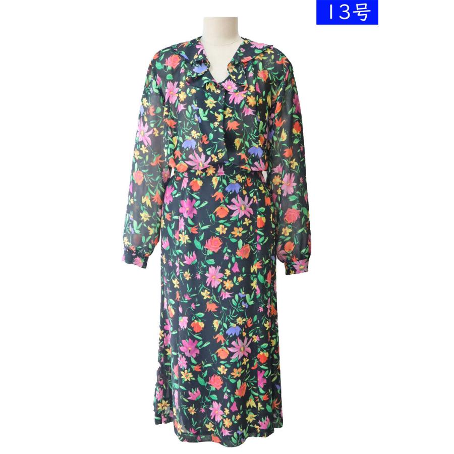 春夏 スカートスーツ ツーピース セットアップ 黒 花柄 13号  