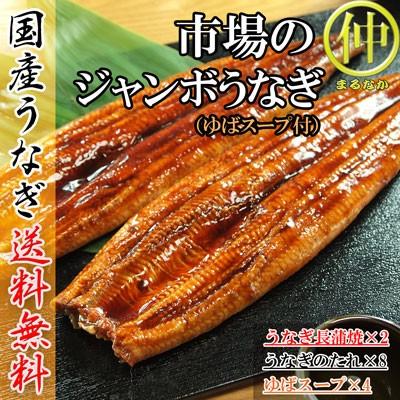 市場のジャンボうなぎ（うなぎ長蒲焼約200ｇ×2、ゆばスープ×4食）   国産　土用の丑の日　送料無料 うなぎ | 