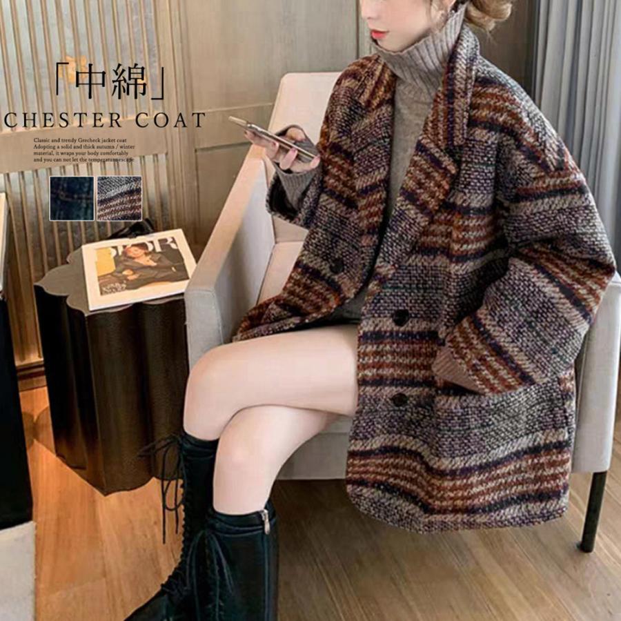 チェスターコート レディース 冬 チェック コーデ ショート 40代 30代