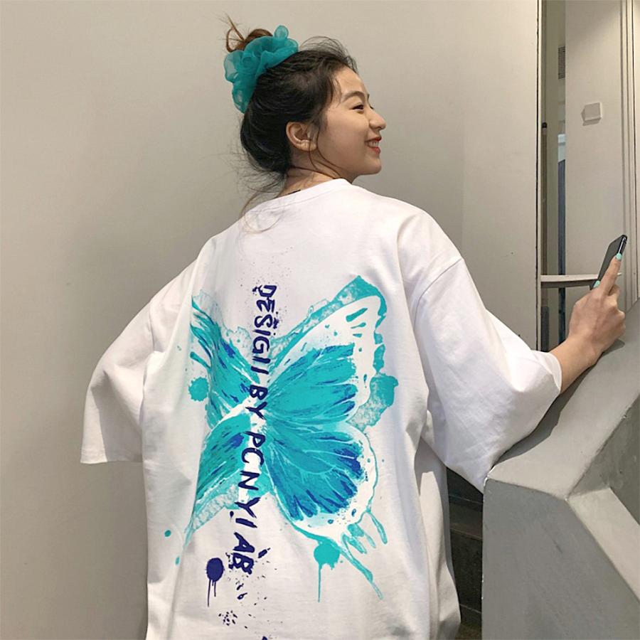 tシャツ レディース 半袖 韓国 ロゴ 英字 蝶 おしゃれ 白 黒 紫