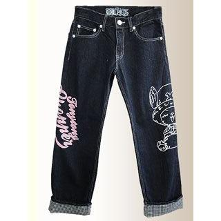 ONE PIECEデニムチョッパーBIGプリント5ポケロールアップパンツ