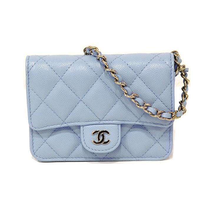 美品！ CHANEL キャビアスキン マトラッセ 丸型コインケース ブルーグレー-