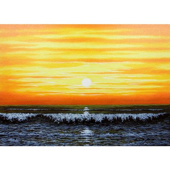 絵画　油彩　朝隈敏彦　朝焼けの海　Ｆ６　油絵