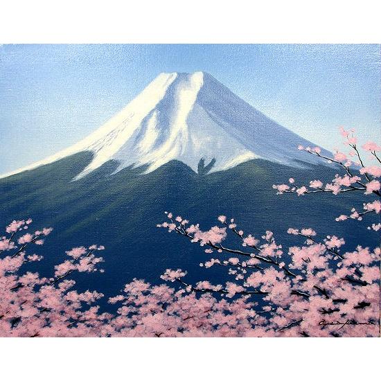 絵画　油彩　朝隈敏彦　富士に桜　Ｆ６　油絵