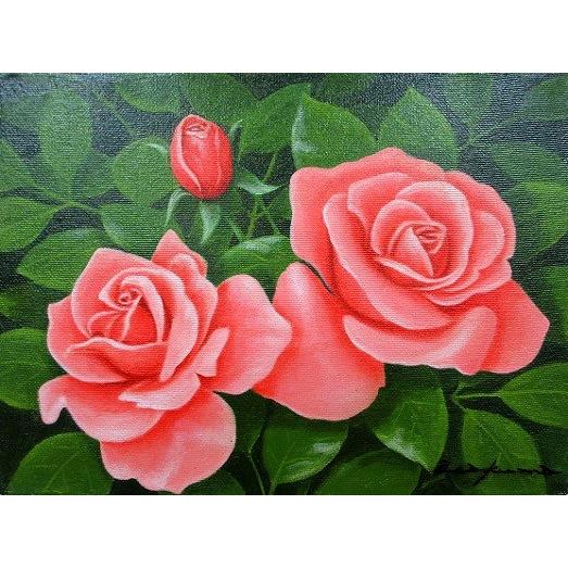 絵画　油彩　朝隈敏彦　赤バラ　Ｆ６　油絵 【吉井川】