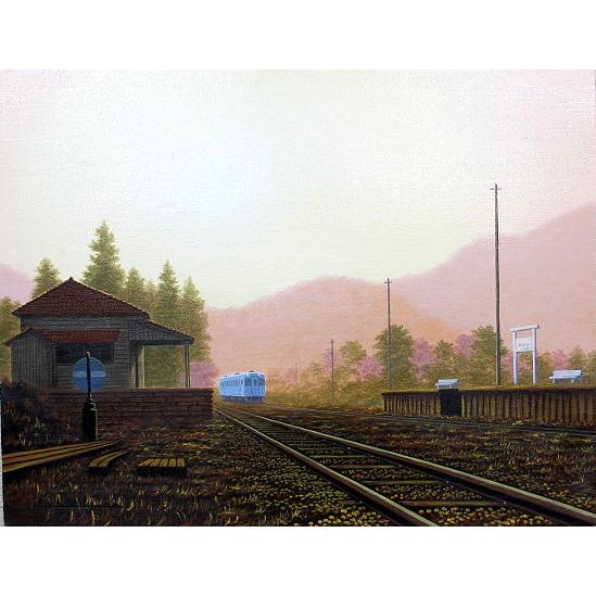 絵画　油彩　朝隈敏彦　朝の駅舎II　Ｆ６　油絵 【芙美】