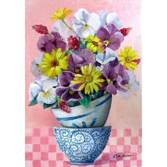 絵画　油彩　内藤千嘉　器とパンジー　Ｆ６キャンパス作品　油絵　送料無料！！