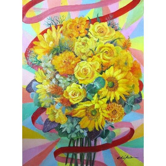 絵画　油彩　内藤千嘉　黄色いバラとリボン　縦　Ｆ６キャンパス作品　油絵　送料無料！！