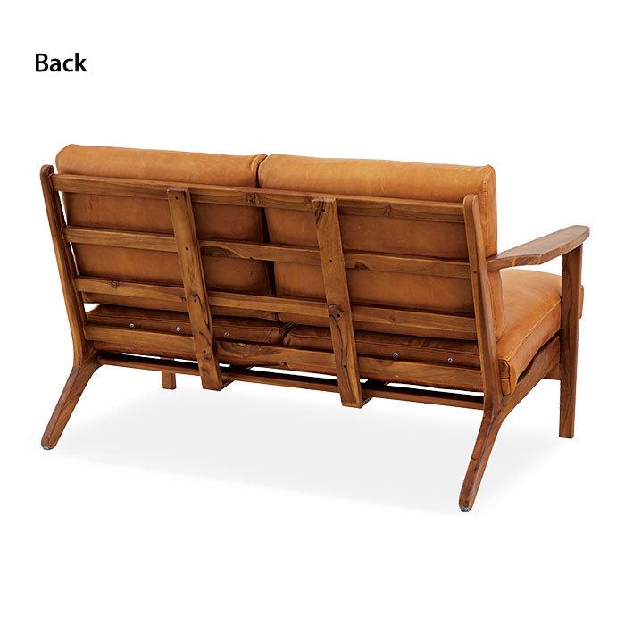 本革ソファ 2人掛け チーク 木製フレーム 天然木 レザー 2P ソファー