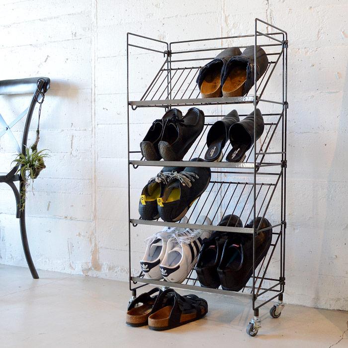 スチール製ワイヤーシューズラック 靴 収納棚 下駄箱 キャスター