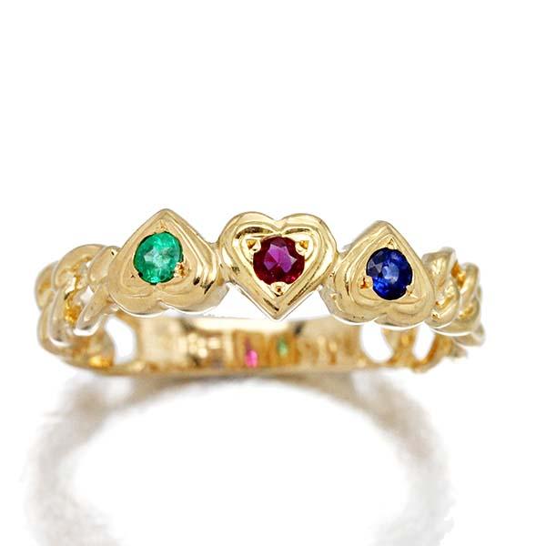 K18YG ハートモチーフ ルビー サファイア エメラルド リング 10号 R/S  