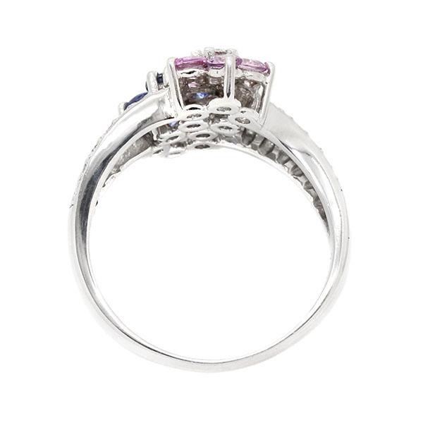 K18WG フラワーモチーフ ブルー ピンク サファイア ダイヤモンド