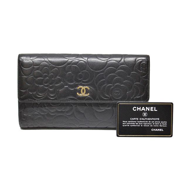 美品 CHANEL 長財布 カメリア ココマーク ロゴ金具 レザー 黒 カード付 CAMELIA シャネル CHANEL カメリア ココマーク ロングフラップ 三