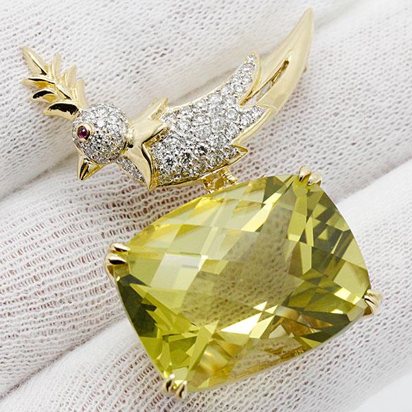 K18YG/WG 鳥モチーフ レモンクォーツ ダイヤモンド ルビー ブローチ