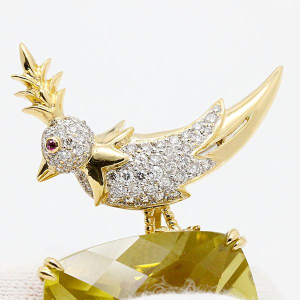 K18YG/WG 鳥モチーフ レモンクォーツ ダイヤモンド ルビー ブローチ