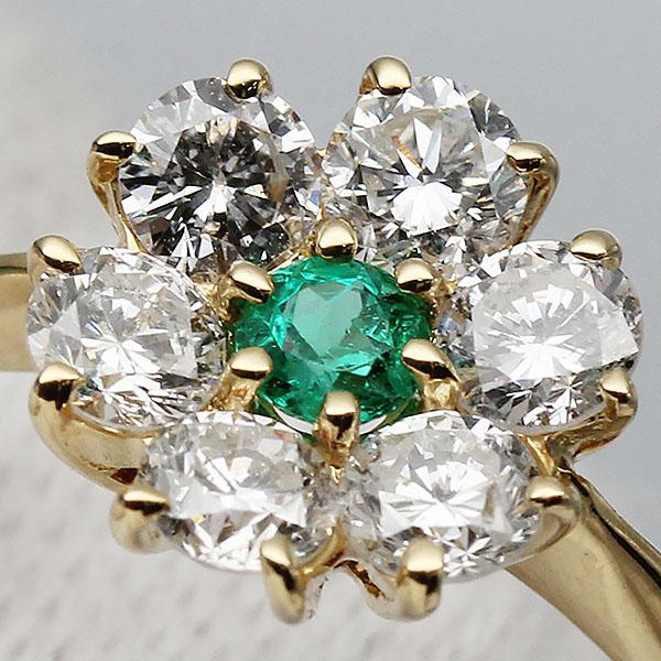 K18YG フラワーモチーフ エメラルド ダイヤモンド リング 12号 E0.10ct