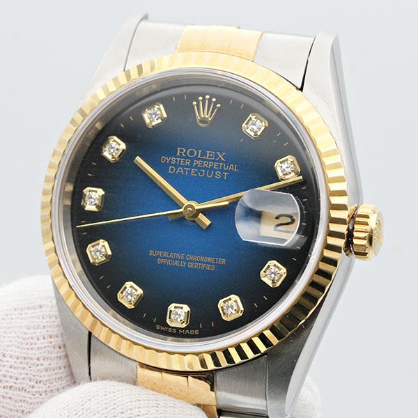 デイトジャスト ロレックス ROLEX 16233G ブルー文字盤 10Pダイヤ SS