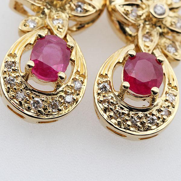 K18YG フラワーモチーフ ルビー ダイヤモンド ピアス R0.90ct/0.89ct 