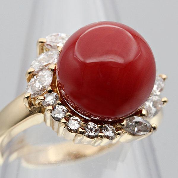 K18YG サンゴ ダイヤモンド リング 11.5号 D0.694ct ゴールド 珊瑚