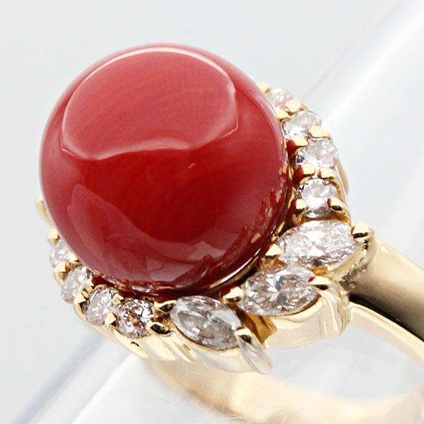 K18YG サンゴ ダイヤモンド リング 11.5号 D0.694ct ゴールド 珊瑚
