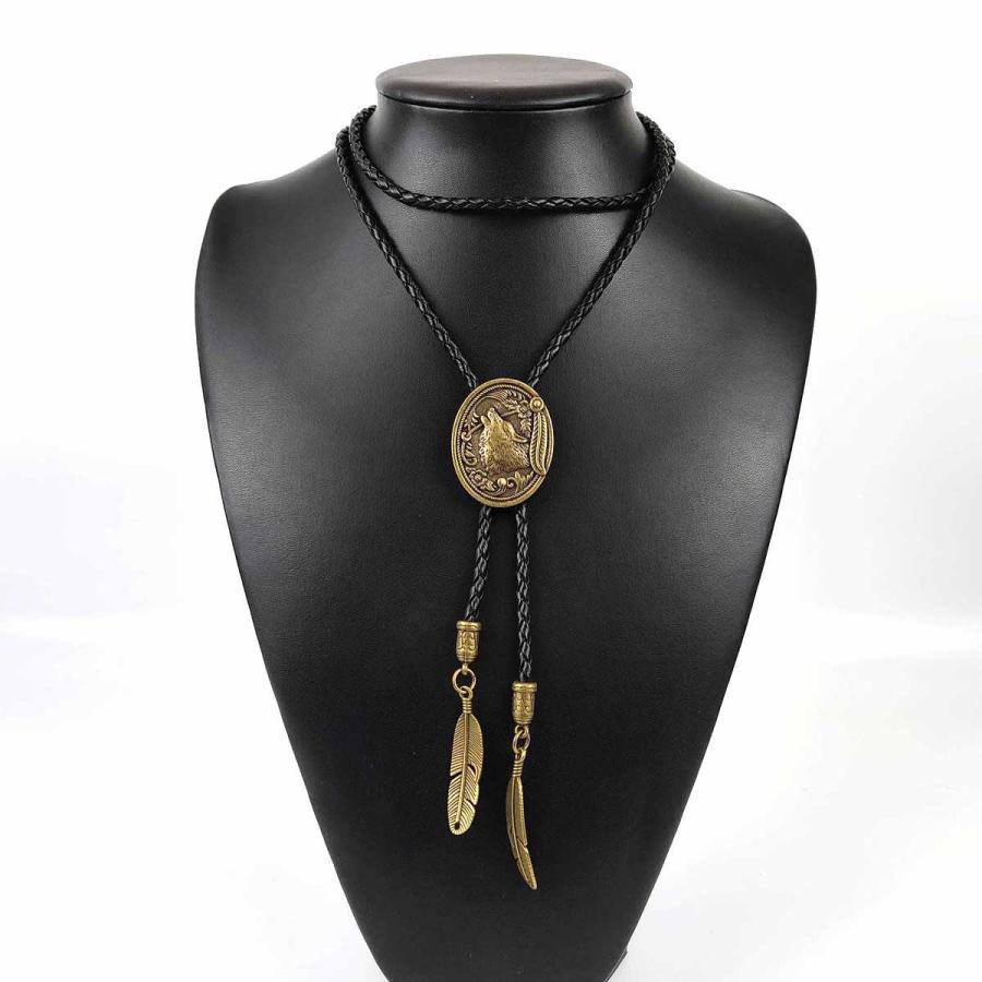 紐ループタイ アンティーク ボロタイ 銅 オオカミ 羽 ループタイ