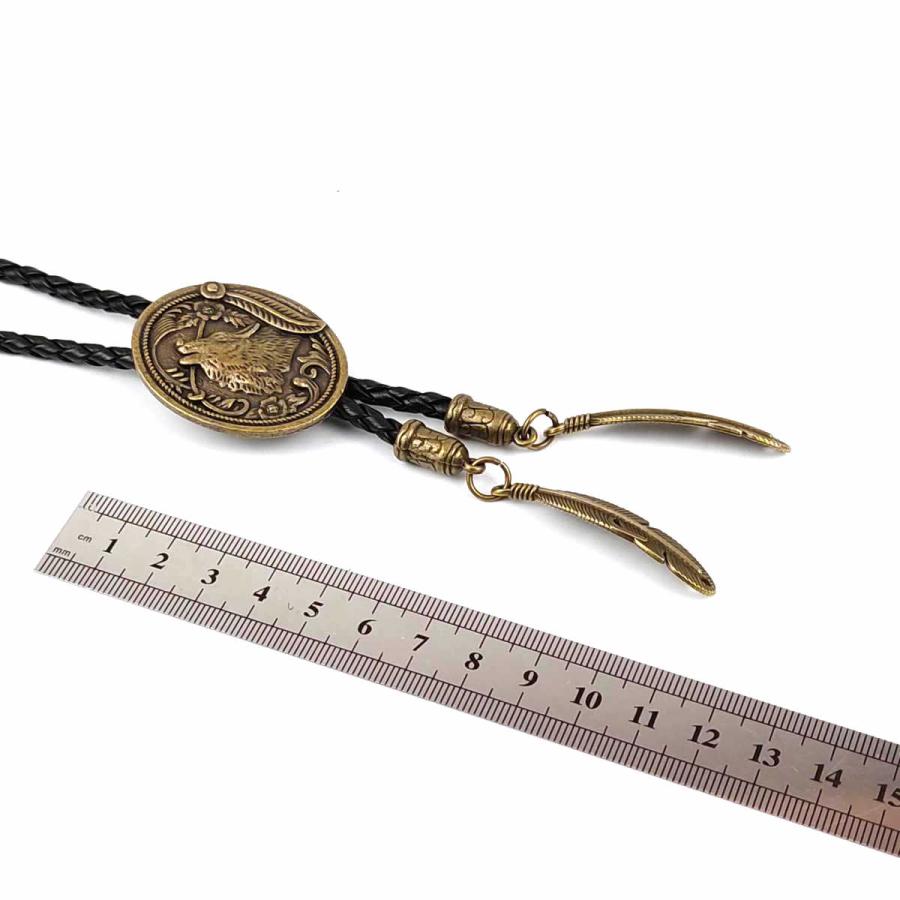 紐ループタイ アンティーク ボロタイ 銅 オオカミ 羽 ループタイ