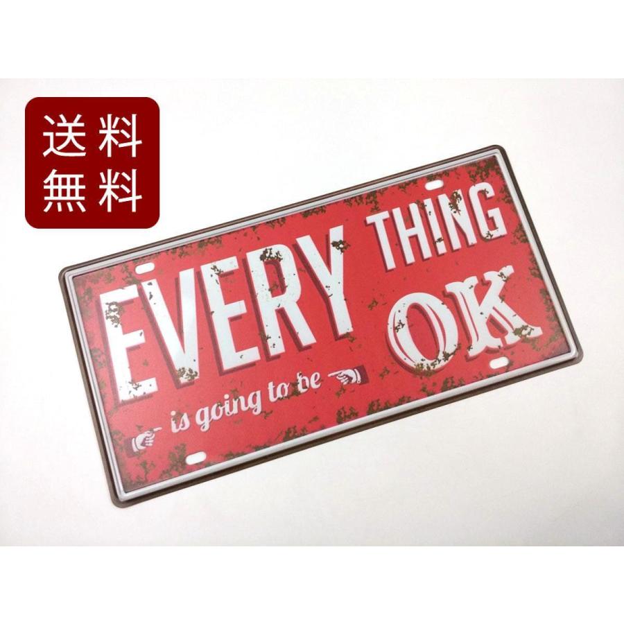 アメリカン風ブリキ看板 ナンバープレートEVERYTHING OK 赤 メッセージ