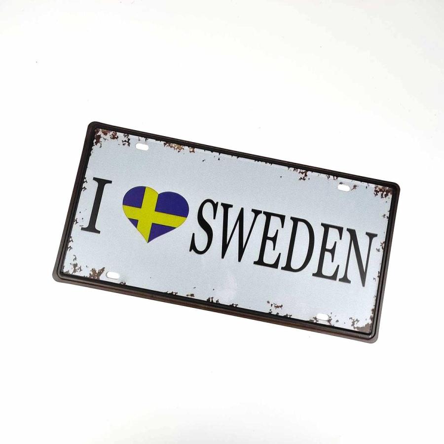 アメリカン風 ブリキ看板 アンティーク調 I LOVE スウェーデン 30cmX15