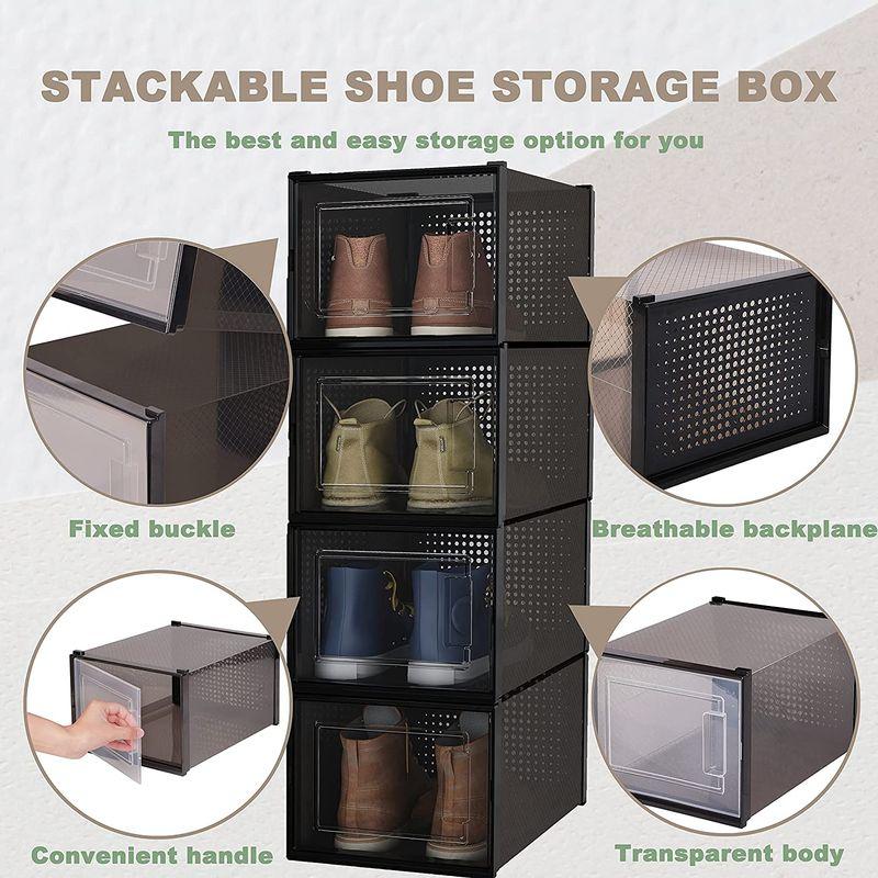 ドロップフロントシューズボックス 12個パック 靴ストレージコンテナ オーガナイザー 積み重ね可能 プラスチック靴ストレージボックス スニー  キッチン収納、ラック
