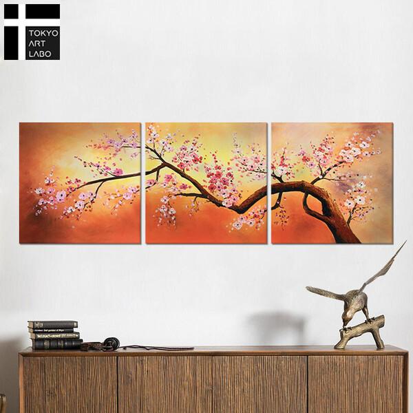 レア　アンティーク絵画サクラ セット アートパネル SAKURA 50×50cm 3枚組 初春の山桜 W150cm 絵画 和モダン