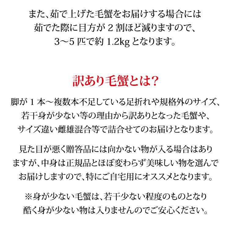 毛ガニ 毛蟹 活蟹 3〜5匹 合計1.5kg詰合せ 訳あり:足折れ/雄雌混合 (石川県産) 活きたままお届け可能 贈答 ギフト お取り寄せ 産地直送 送料無料｜maruya｜03