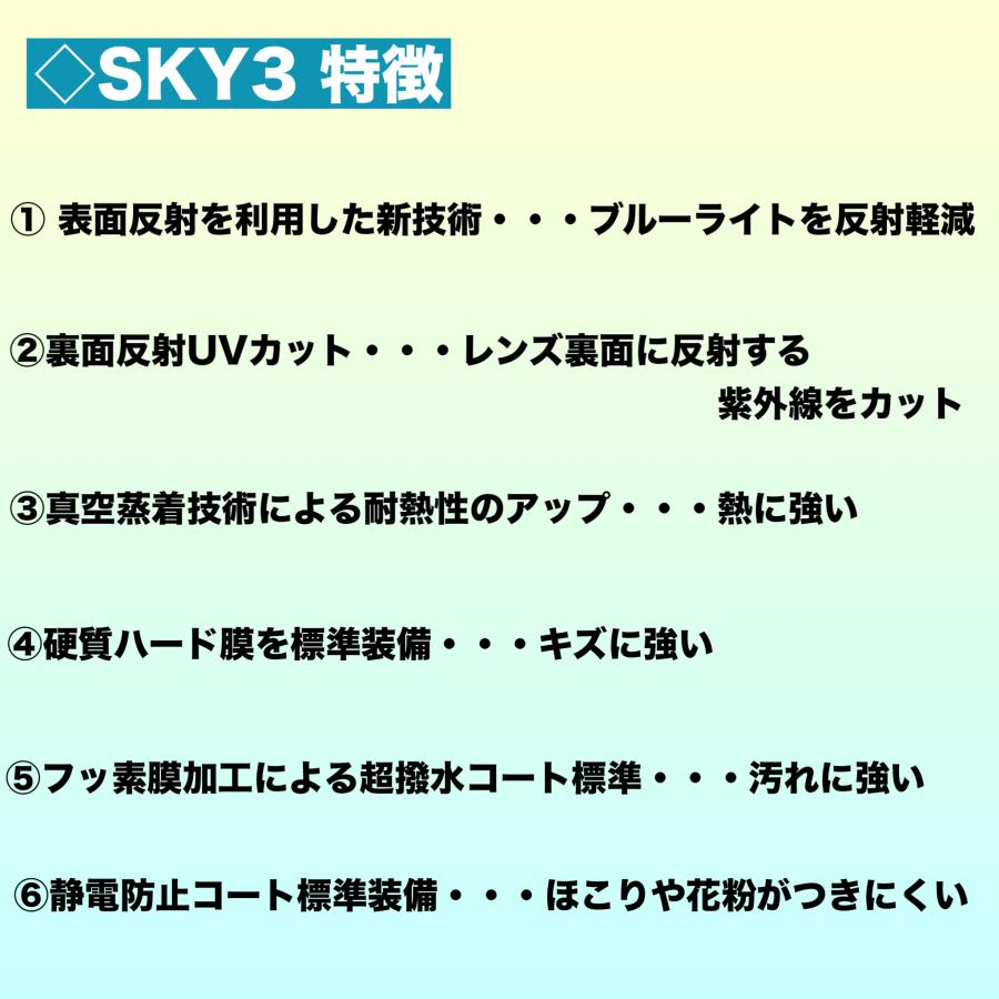 （オプション用）SKY3（ブルーライトカット＋裏面反射UV・耐熱・傷防止・汚れに強いコート付）1.60球面／1.60非球面／1.67非球面／1.74非球面／1.74両面非球面_1