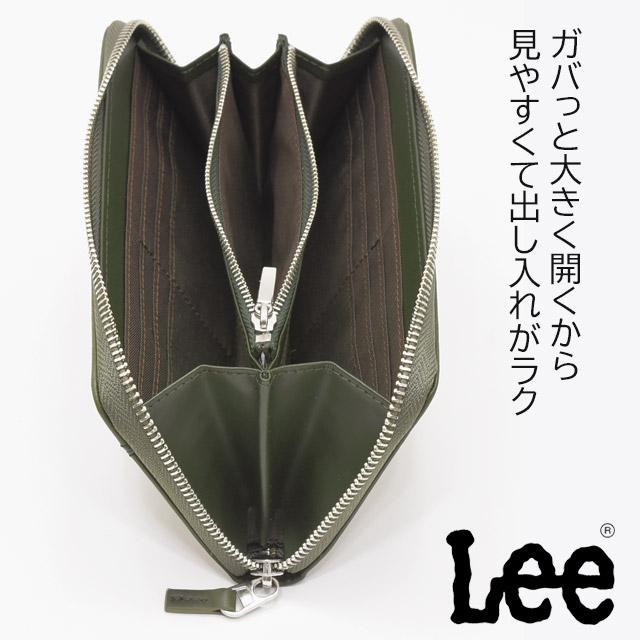 グリーン Lee リー クロスステッチ ラウンド 長財布 リアルレザー0691 Lee（リー） 財布 メンズ 長財布 本革 ラウンドファスナー クロス