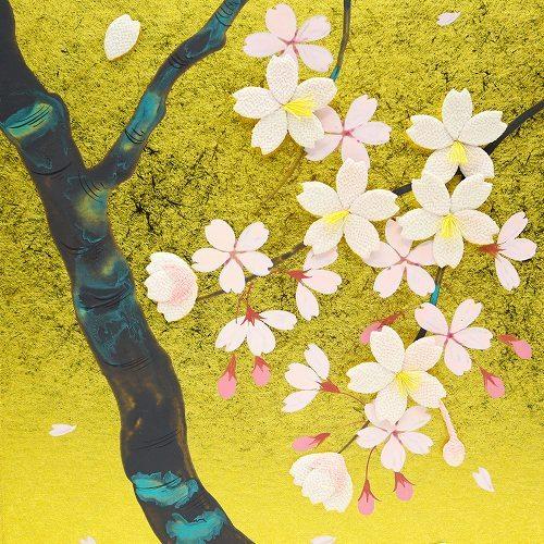 屏風 コンパクト ちりめん 小さい 手作り / 金屏風 桜花図 置物 押絵