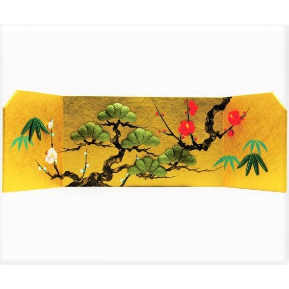 屏風 コンパクト ちりめん 小さい 手作り/金屏風 松竹梅/正月 置物