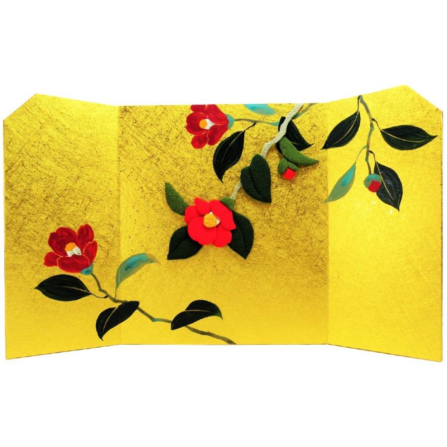 屏風 コンパクト ちりめん 小さい 手作り/金屏風 椿/正月 置物 押絵