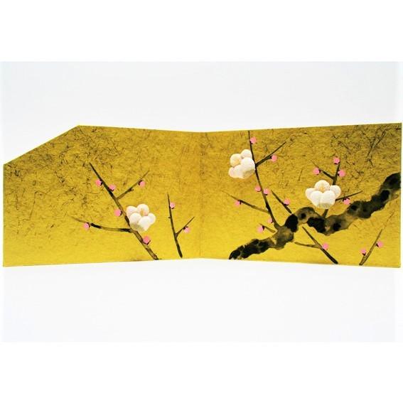 金屏風 屏風 コンパクト ちりめん 小さい 手作り/四季草花図 梅/置物